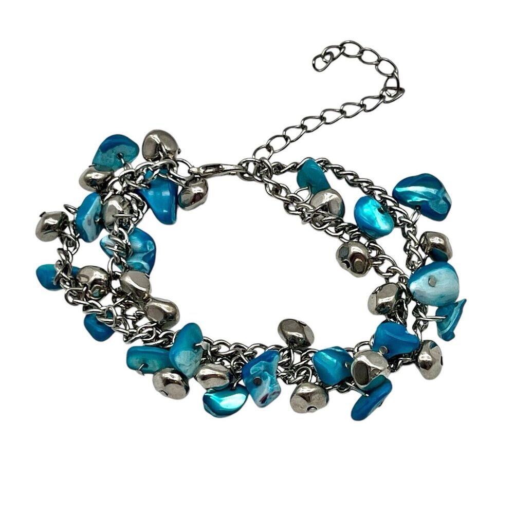 Silver Tone Double Strand Blue Dyed Shell Beaded Adjustable Dangle Bracelet